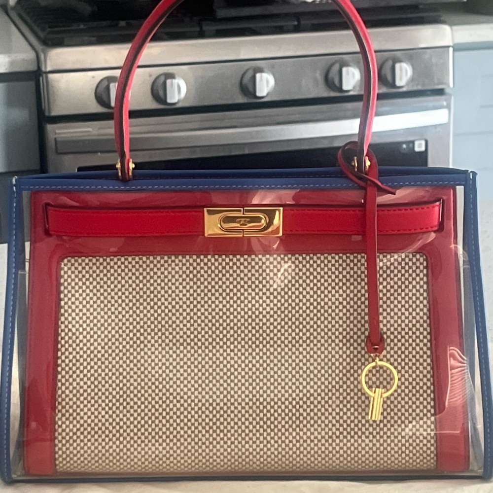 Red and Blue Structured Tote Bag with Woven Front Panel